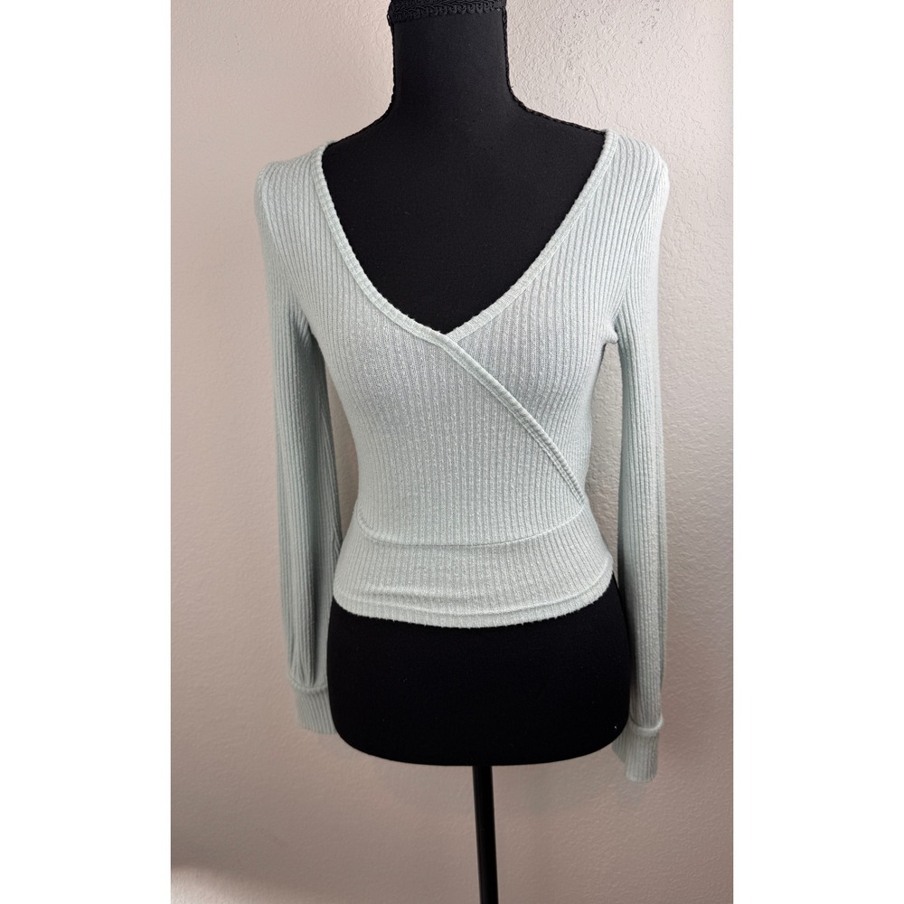Hollister Ribbed Wrap Top XS Mint Green Long Sleeve Fitted Y2K Coquette